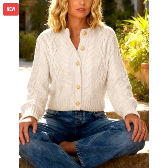 Cable Knit Cropped Cardigan, Chunky Knit Sweater, Button Up Long Sleeve - Picture 4 of 8